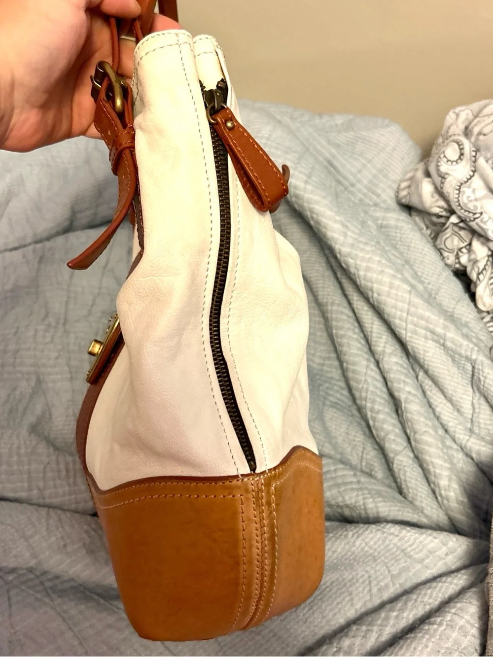 Brooks Brothers Cream and Tan Leather Hobo with Gold-Tone Accent